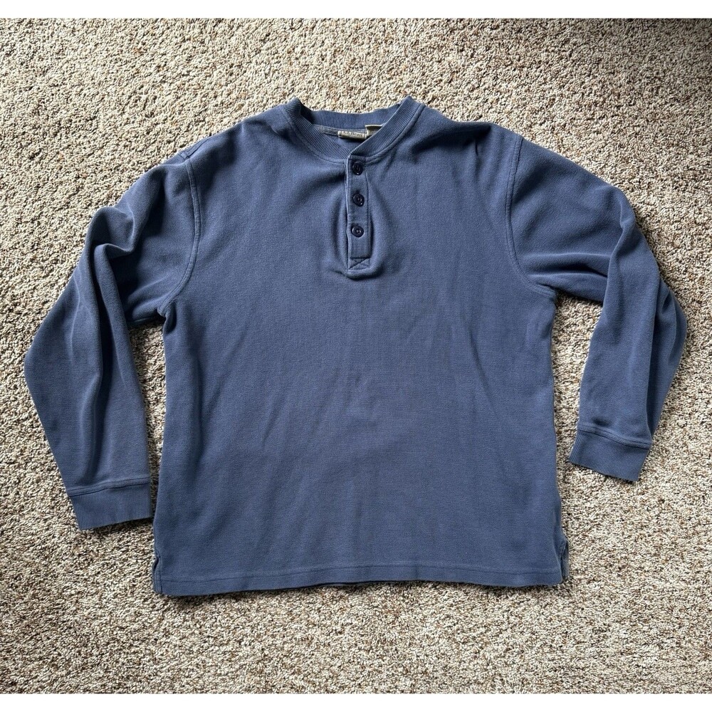 🔥L L. Bean T-shirt L Mens Blue Henley Long Sleeve 100% Cotton Outdoor Comfort